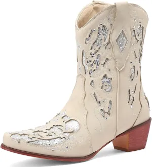 KiutSymo Glitter Rhinestone Cowboy Boots For Women Vintage Embroidered Cowgirl Boots Mid Calf Chunky Heel Sparkly Wedding Western Boots