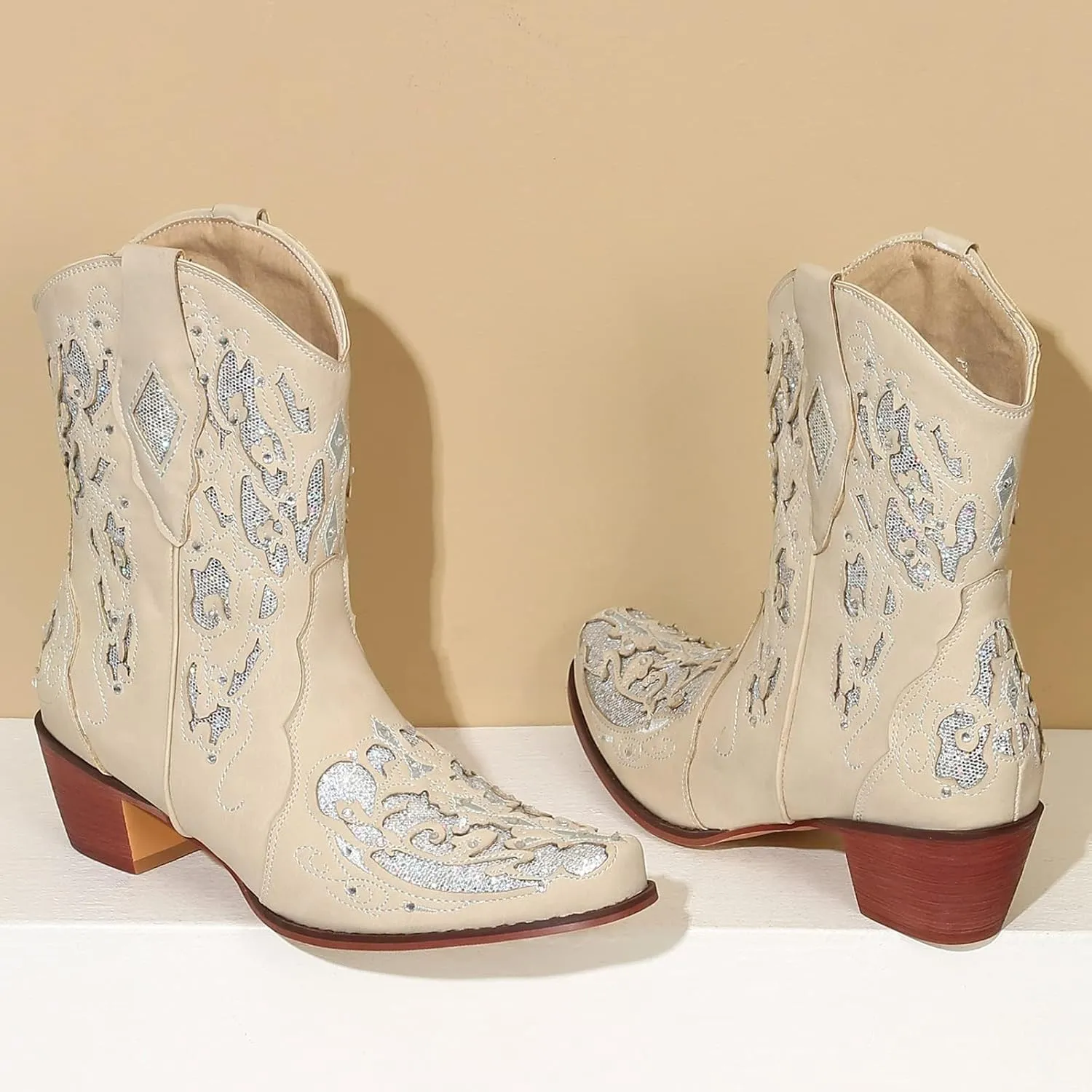 KiutSymo Glitter Rhinestone Cowboy Boots For Women Vintage Embroidered Cowgirl Boots Mid Calf Chunky Heel Sparkly Wedding Western Boots