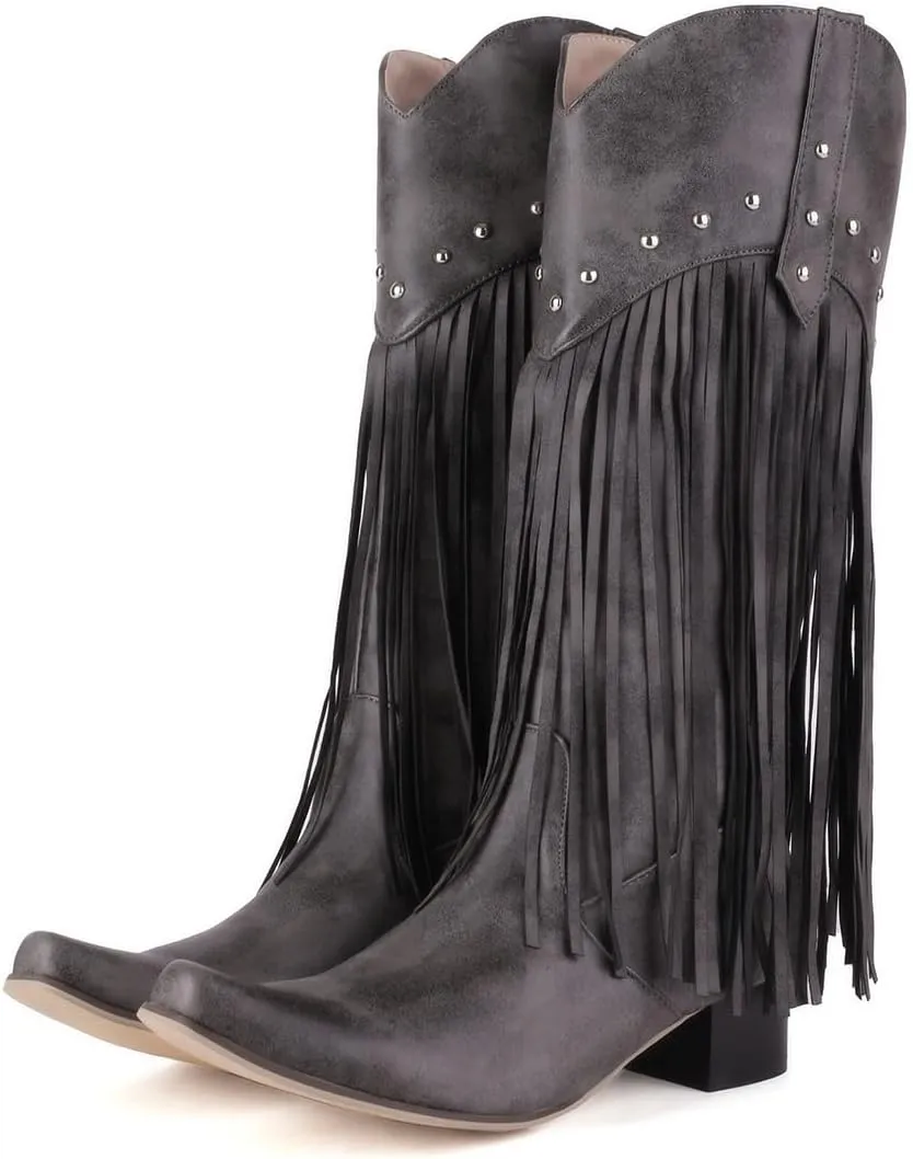 KiutSymo Mid Calf Fringe Boots For Women Cowboy Pointed Toe Chunky Heels Cowgirl Western Tassel Boots