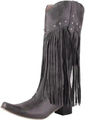 KiutSymo Mid Calf Fringe Boots For Women Cowboy Pointed Toe Chunky Heels Cowgirl Western Tassel Boots