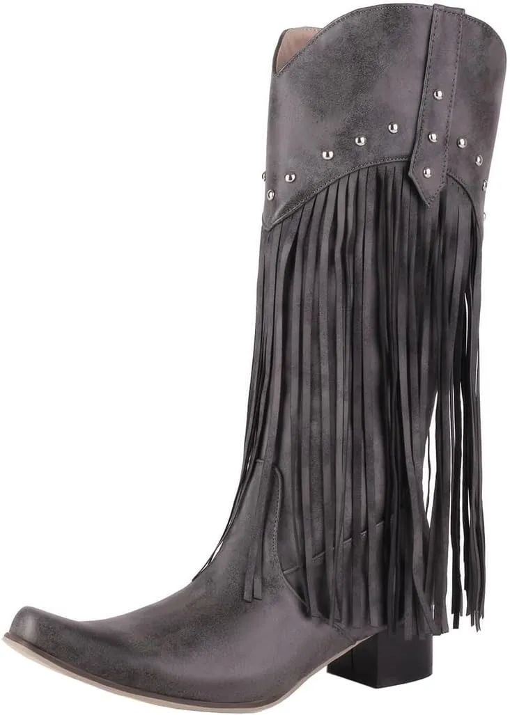 KiutSymo Mid Calf Fringe Boots For Women Cowboy Pointed Toe Chunky Heels Cowgirl Western Tassel Boots