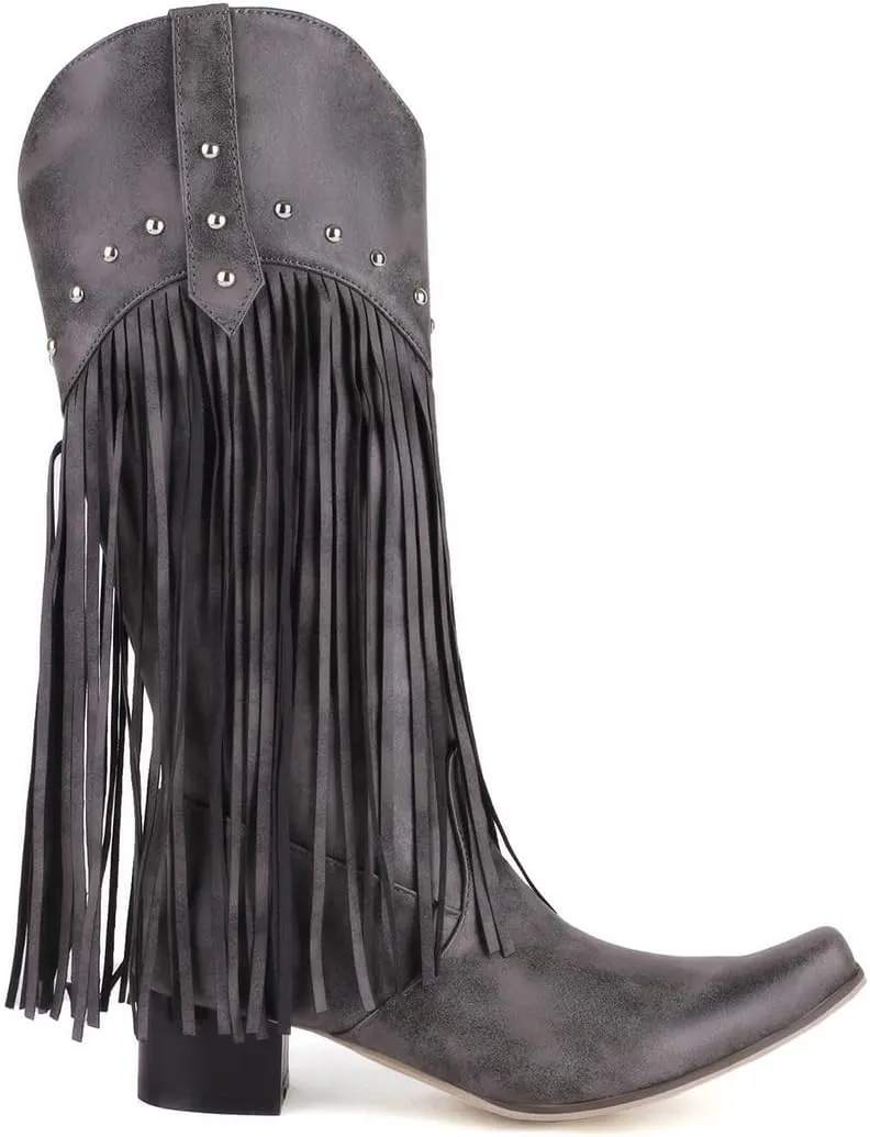 KiutSymo Mid Calf Fringe Boots For Women Cowboy Pointed Toe Chunky Heels Cowgirl Western Tassel Boots