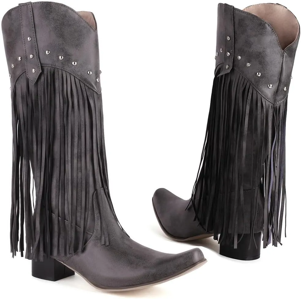 KiutSymo Mid Calf Fringe Boots For Women Cowboy Pointed Toe Chunky Heels Cowgirl Western Tassel Boots