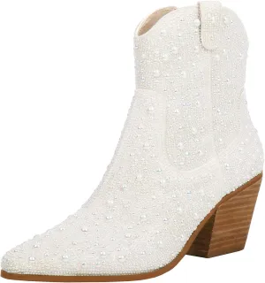 KiutSymo Women's Sparkly Ankle Boots Rhinestone Glitter Booties Pointed Toe Chunky Low Heel Cowboy Boots