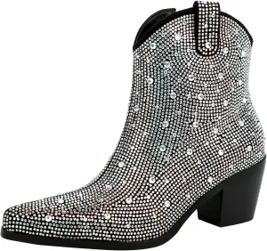 KiutSymo Women's Sparkly Ankle Boots Rhinestone Glitter Booties Pointed Toe Chunky Low Heel Cowboy Boots