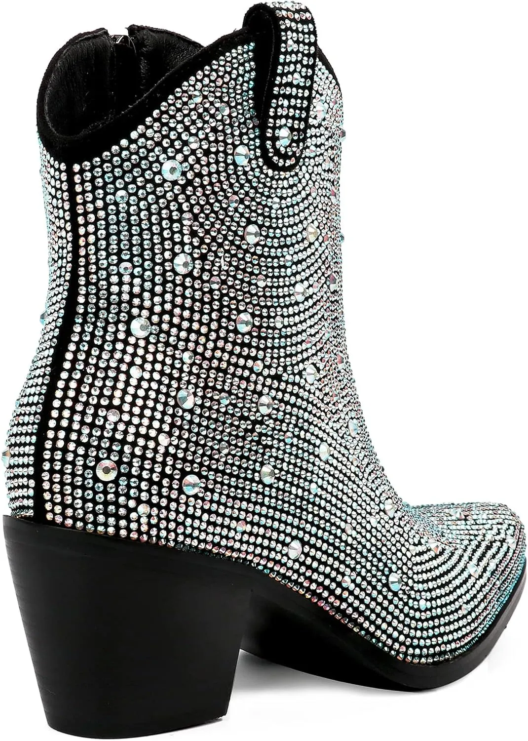 KiutSymo Women's Sparkly Ankle Boots Rhinestone Glitter Booties Pointed Toe Chunky Low Heel Cowboy Boots