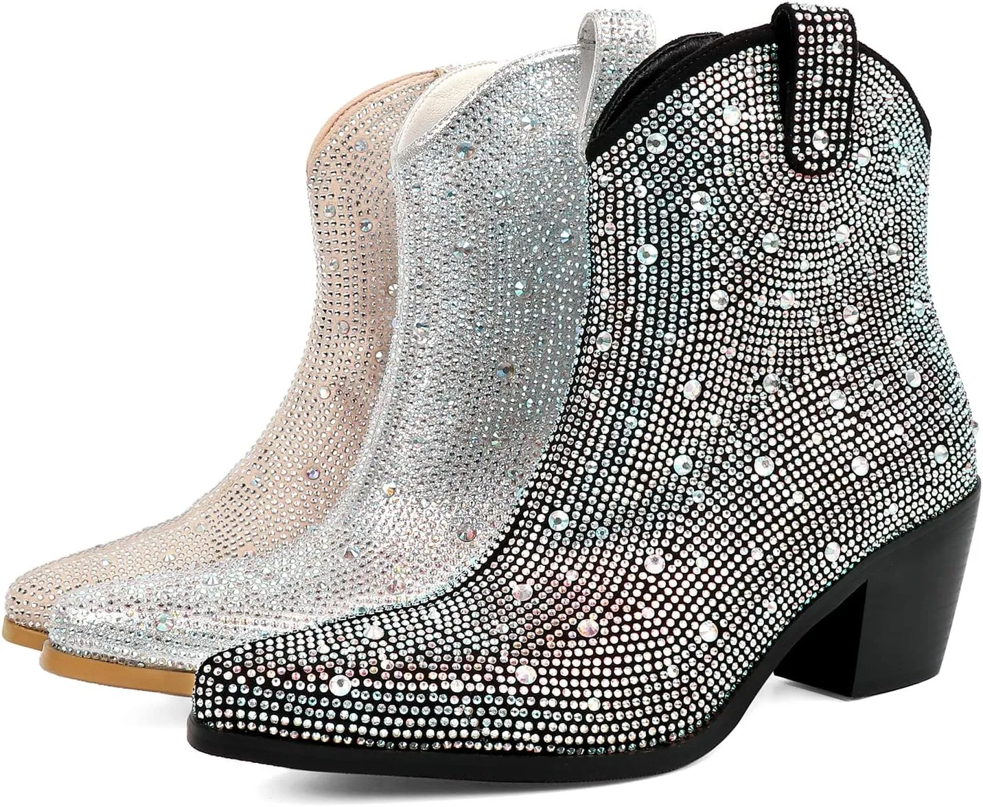 KiutSymo Women's Sparkly Ankle Boots Rhinestone Glitter Booties Pointed Toe Chunky Low Heel Cowboy Boots