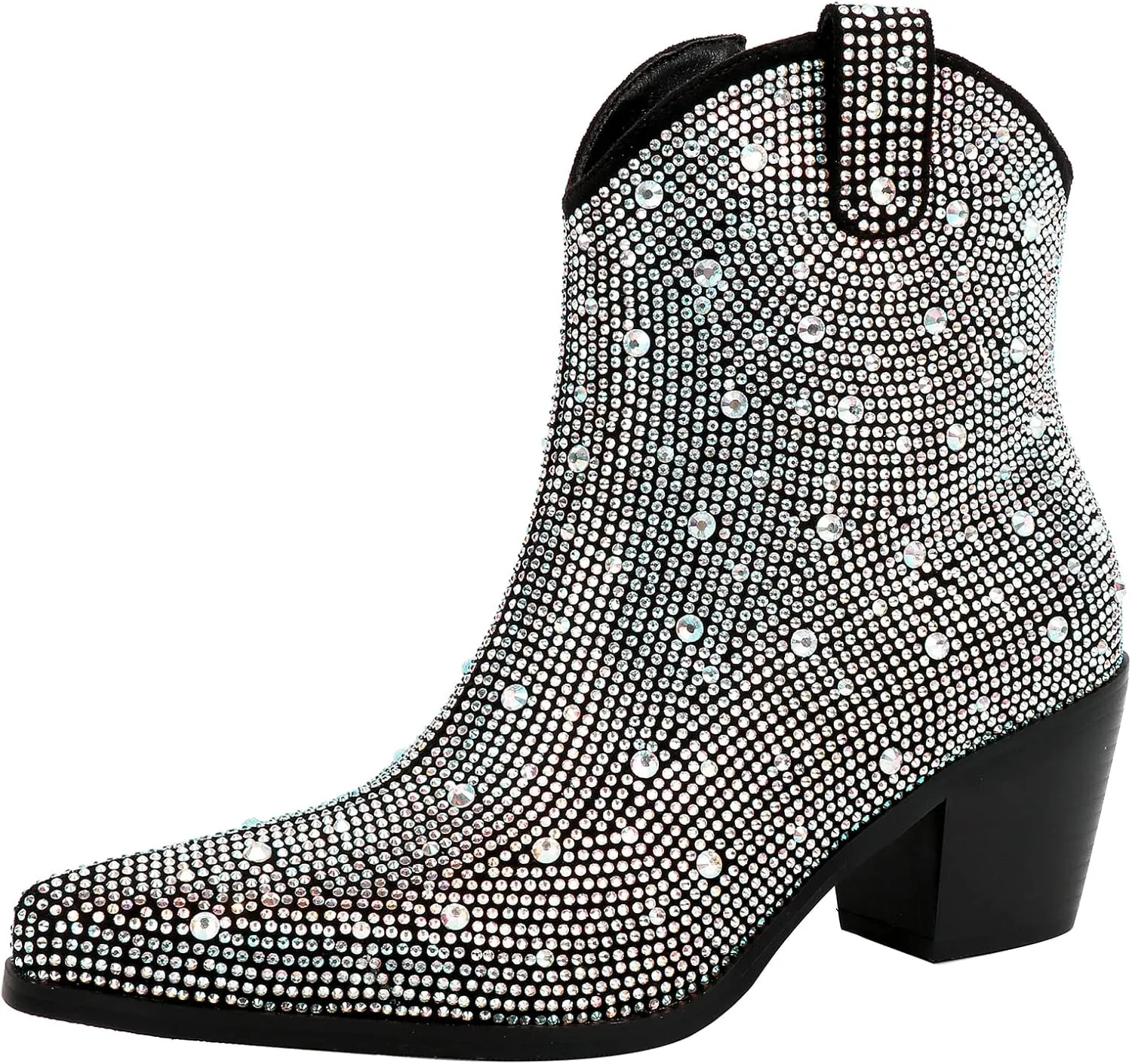 KiutSymo Women's Sparkly Ankle Boots Rhinestone Glitter Booties Pointed Toe Chunky Low Heel Cowboy Boots