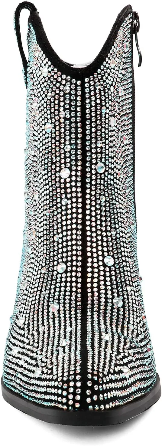 KiutSymo Women's Sparkly Ankle Boots Rhinestone Glitter Booties Pointed Toe Chunky Low Heel Cowboy Boots