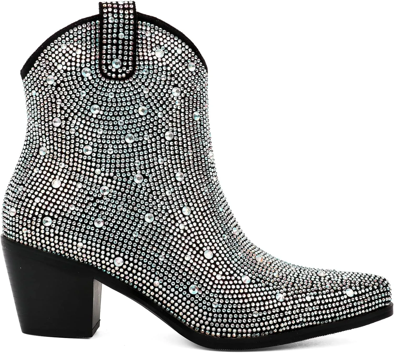 KiutSymo Women's Sparkly Ankle Boots Rhinestone Glitter Booties Pointed Toe Chunky Low Heel Cowboy Boots