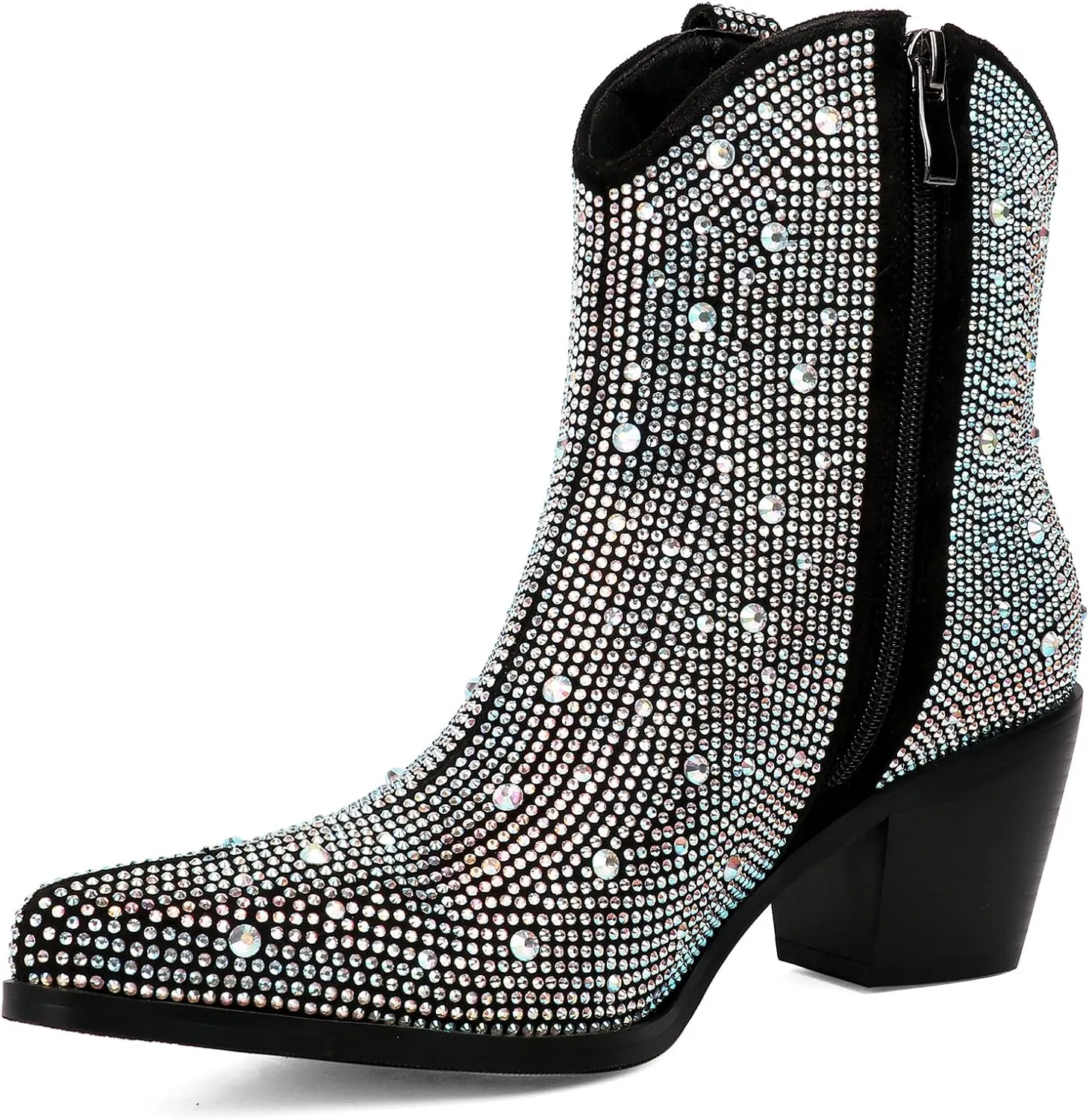 KiutSymo Women's Sparkly Ankle Boots Rhinestone Glitter Booties Pointed Toe Chunky Low Heel Cowboy Boots