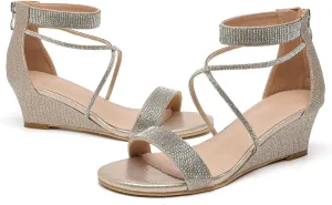 kkdom Women's Open Toe Ankle Strap Zipper Glitter Bling Sandals Pumps Low Block Chunky Heels Dress Sparkle Shoes