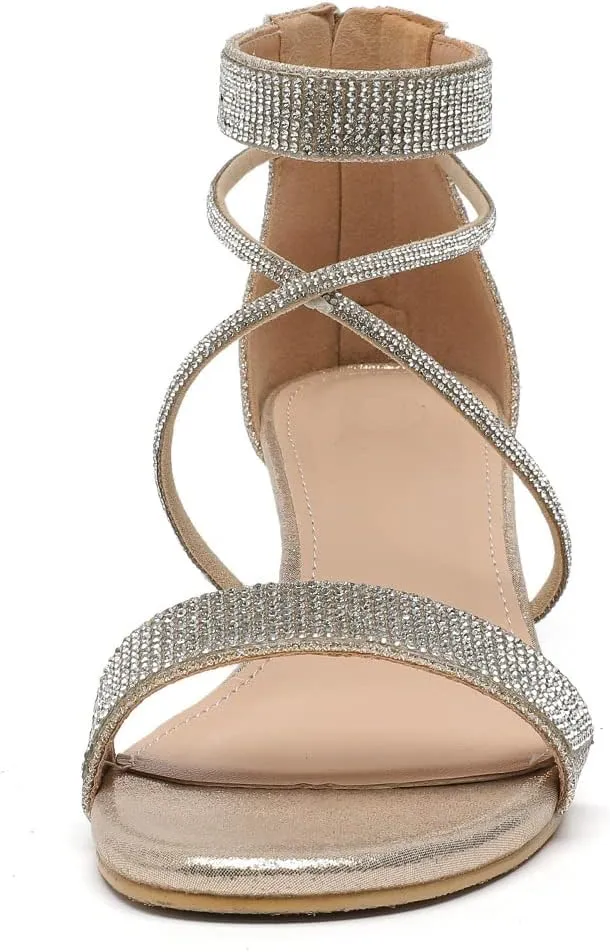 kkdom Women's Open Toe Ankle Strap Zipper Glitter Bling Sandals Pumps Low Block Chunky Heels Dress Sparkle Shoes