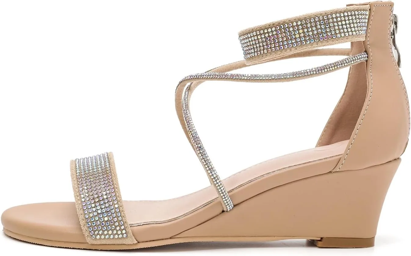 kkdom Women's Open Toe Ankle Strap Zipper Glitter Bling Sandals Pumps Low Block Chunky Heels Dress Sparkle Shoes