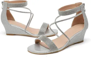 kkdom Women's Open Toe Ankle Strap Zipper Glitter Bling Sandals Pumps Low Block Chunky Heels Dress Sparkle Shoes