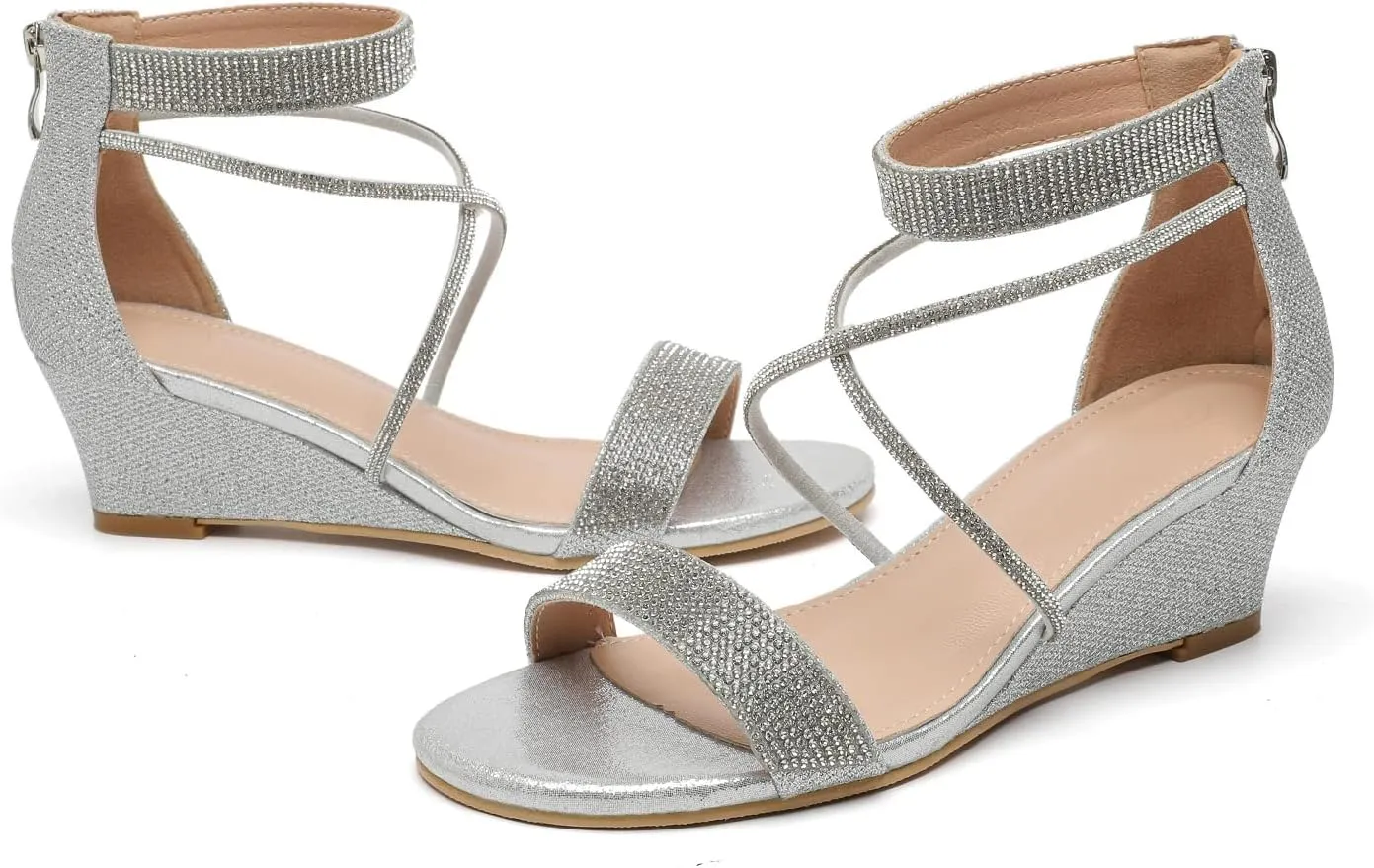 kkdom Women's Open Toe Ankle Strap Zipper Glitter Bling Sandals Pumps Low Block Chunky Heels Dress Sparkle Shoes