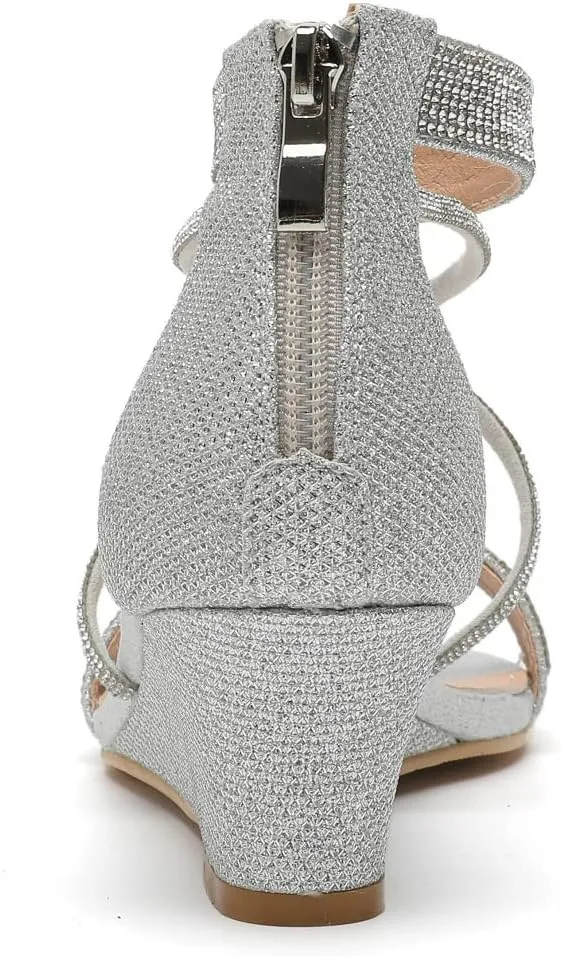 kkdom Women's Open Toe Ankle Strap Zipper Glitter Bling Sandals Pumps Low Block Chunky Heels Dress Sparkle Shoes