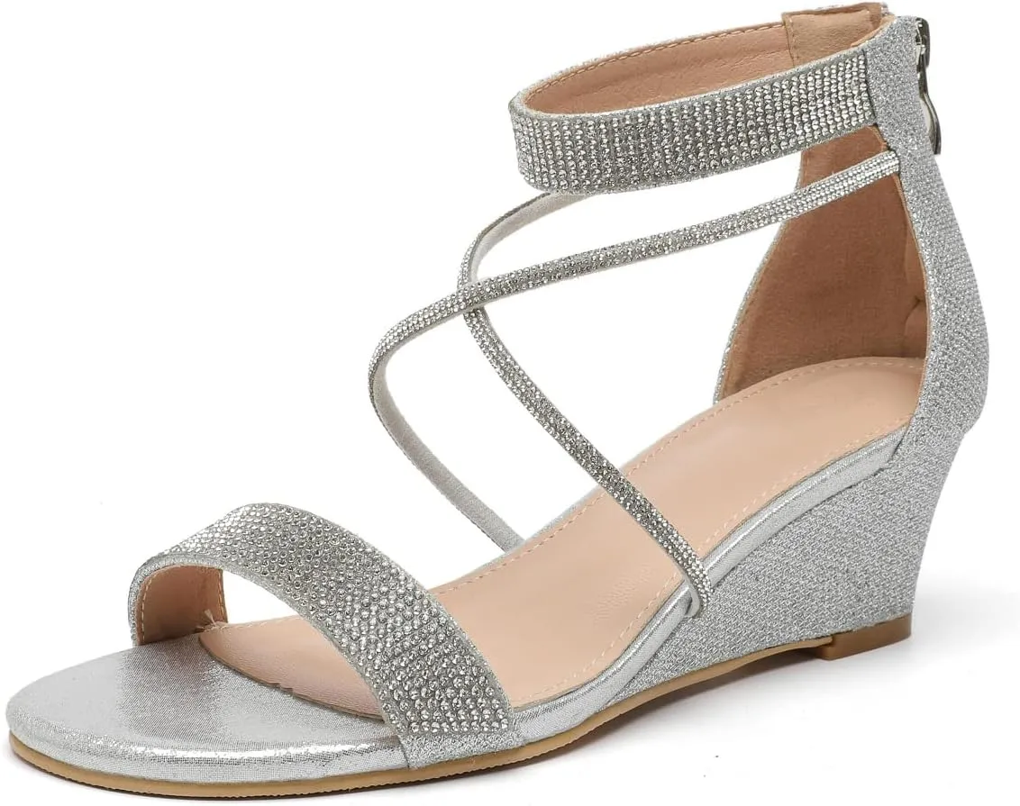 kkdom Women's Open Toe Ankle Strap Zipper Glitter Bling Sandals Pumps Low Block Chunky Heels Dress Sparkle Shoes