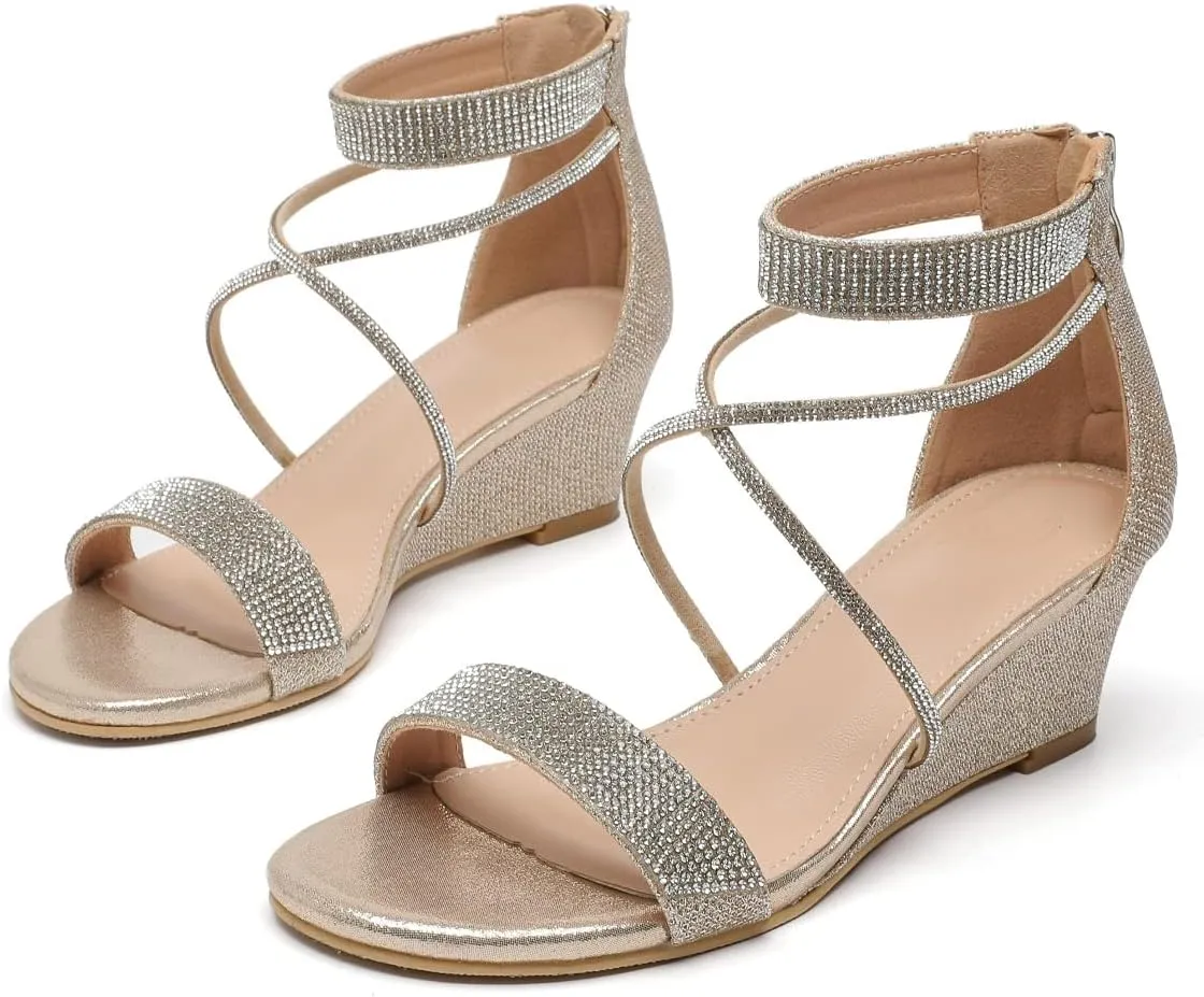 kkdom Women's Open Toe Ankle Strap Zipper Glitter Bling Sandals Pumps Low Block Chunky Heels Dress Sparkle Shoes