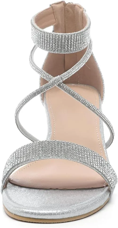 kkdom Women's Open Toe Ankle Strap Zipper Glitter Bling Sandals Pumps Low Block Chunky Heels Dress Sparkle Shoes