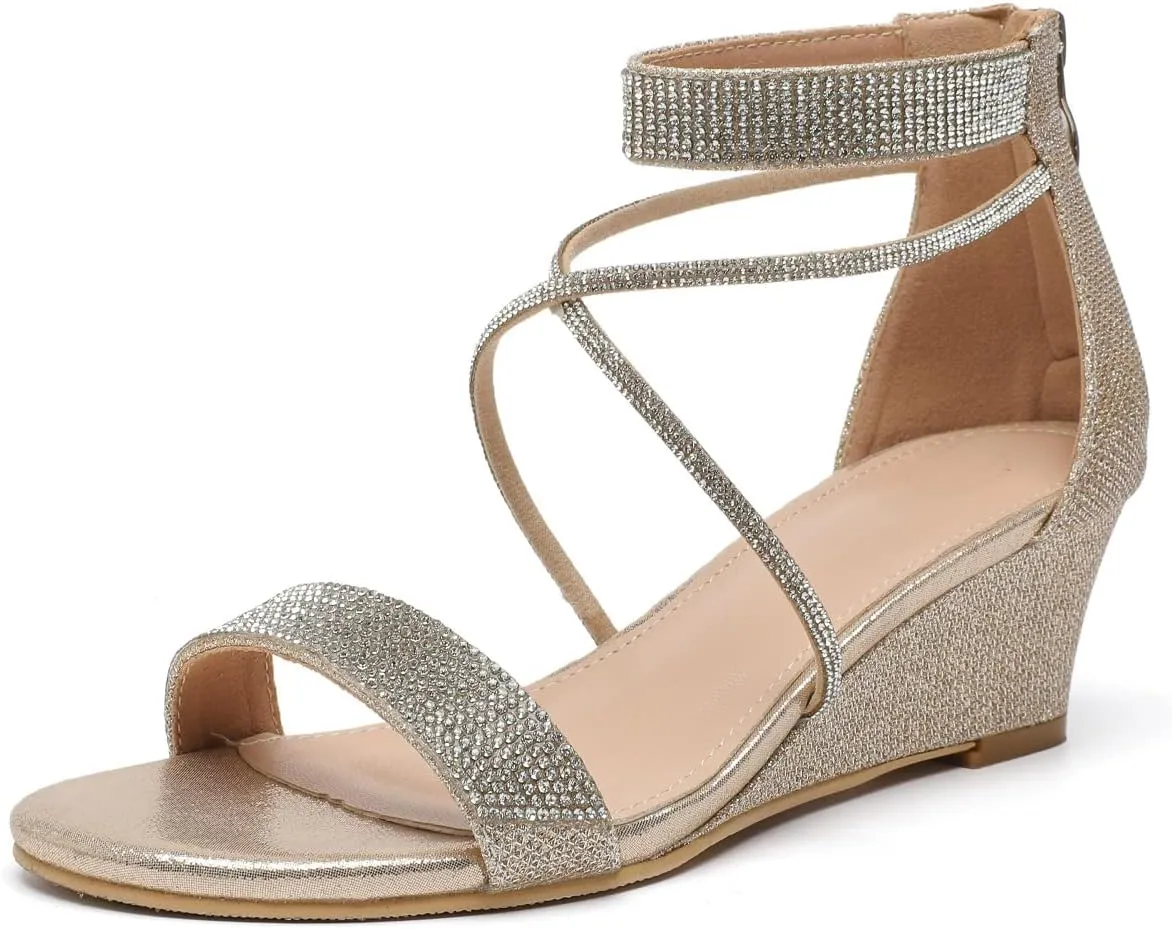 kkdom Women's Open Toe Ankle Strap Zipper Glitter Bling Sandals Pumps Low Block Chunky Heels Dress Sparkle Shoes