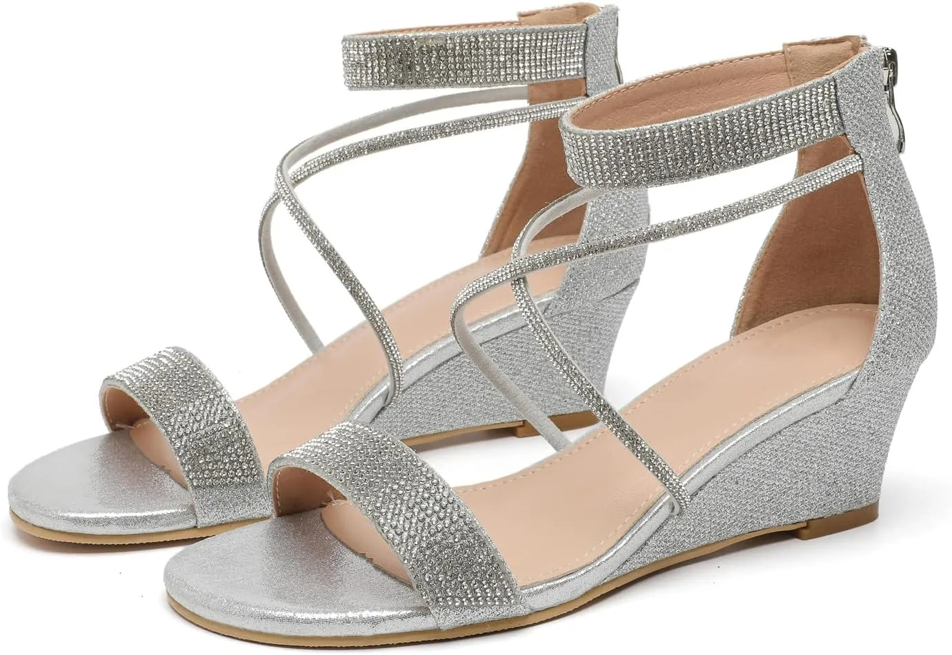 kkdom Women's Open Toe Ankle Strap Zipper Glitter Bling Sandals Pumps Low Block Chunky Heels Dress Sparkle Shoes