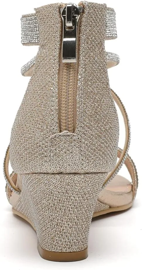 kkdom Women's Open Toe Ankle Strap Zipper Glitter Bling Sandals Pumps Low Block Chunky Heels Dress Sparkle Shoes