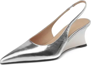 Kluolandi Metallic Slingback Wedge Heel Pumps for Women Sexy Pointed Closed Toe Slip On Wedge Pump Heels