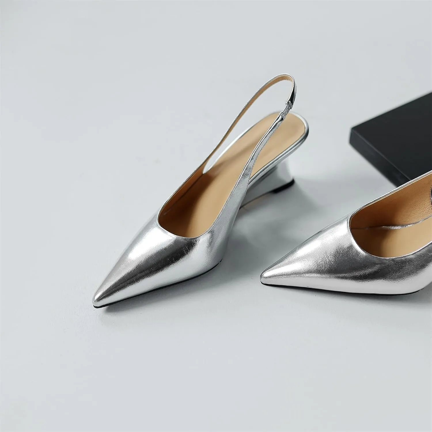 Kluolandi Metallic Slingback Wedge Heel Pumps for Women Sexy Pointed Closed Toe Slip On Wedge Pump Heels