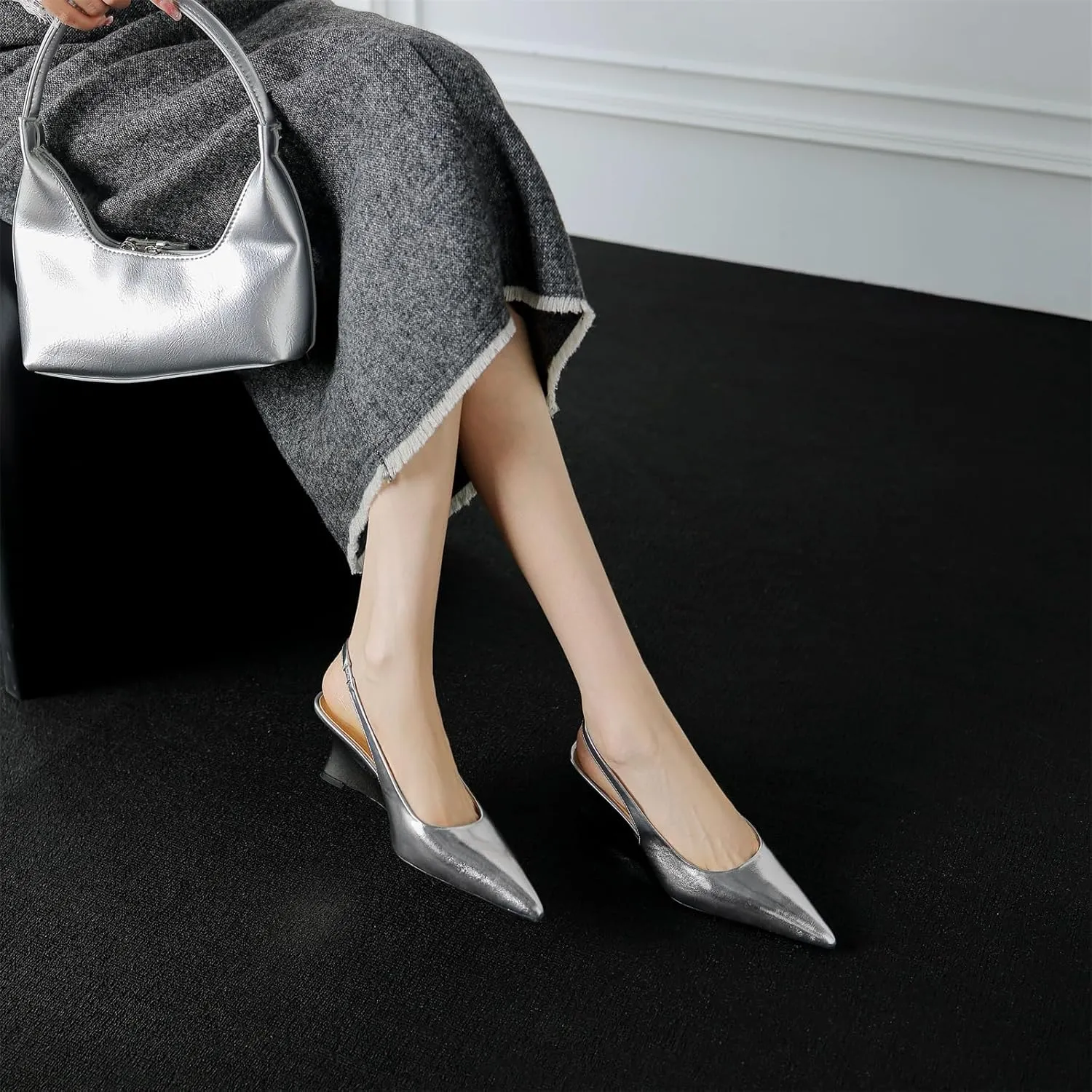 Kluolandi Metallic Slingback Wedge Heel Pumps for Women Sexy Pointed Closed Toe Slip On Wedge Pump Heels