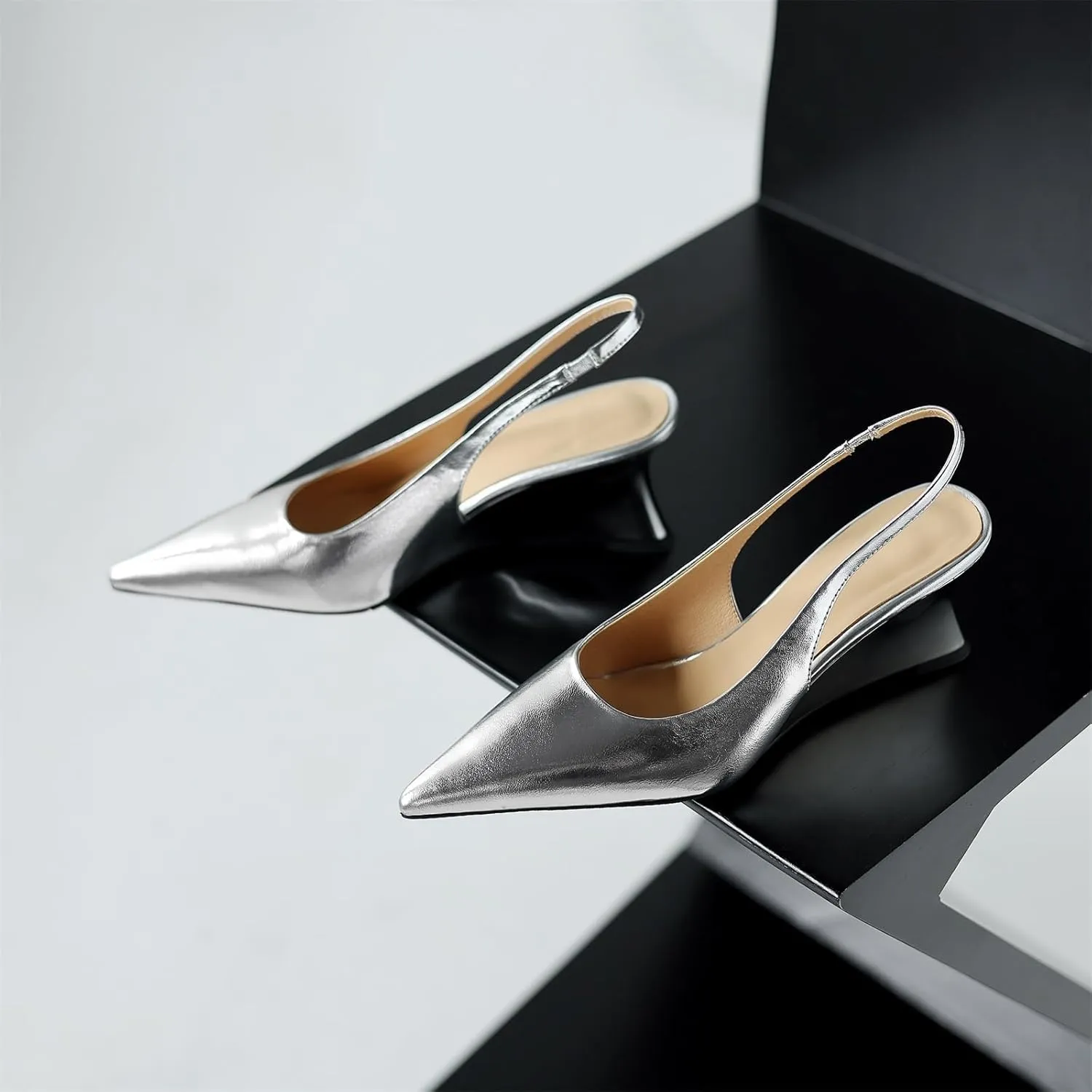 Kluolandi Metallic Slingback Wedge Heel Pumps for Women Sexy Pointed Closed Toe Slip On Wedge Pump Heels