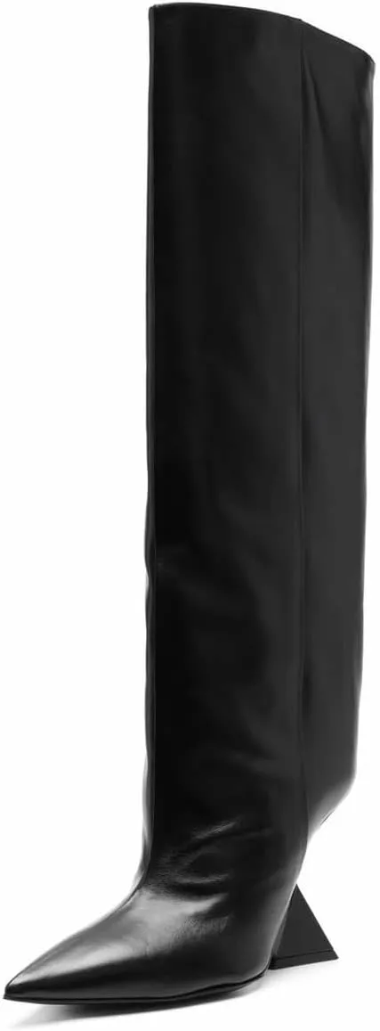 Kluolandi Womens Knee High Boots Sexy Pointed Toe Pull On Strange Wedge Heel Tall Boots for Women
