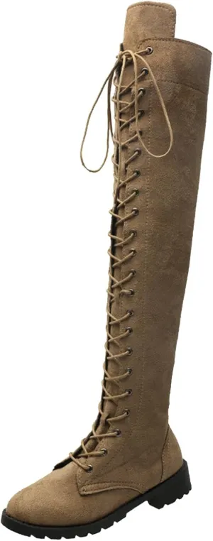 Knee Boots for Women Lace Up Over The Knee Boots Round Toe Low Heel Side Zipper Boots Fashion Thigh High Boots
