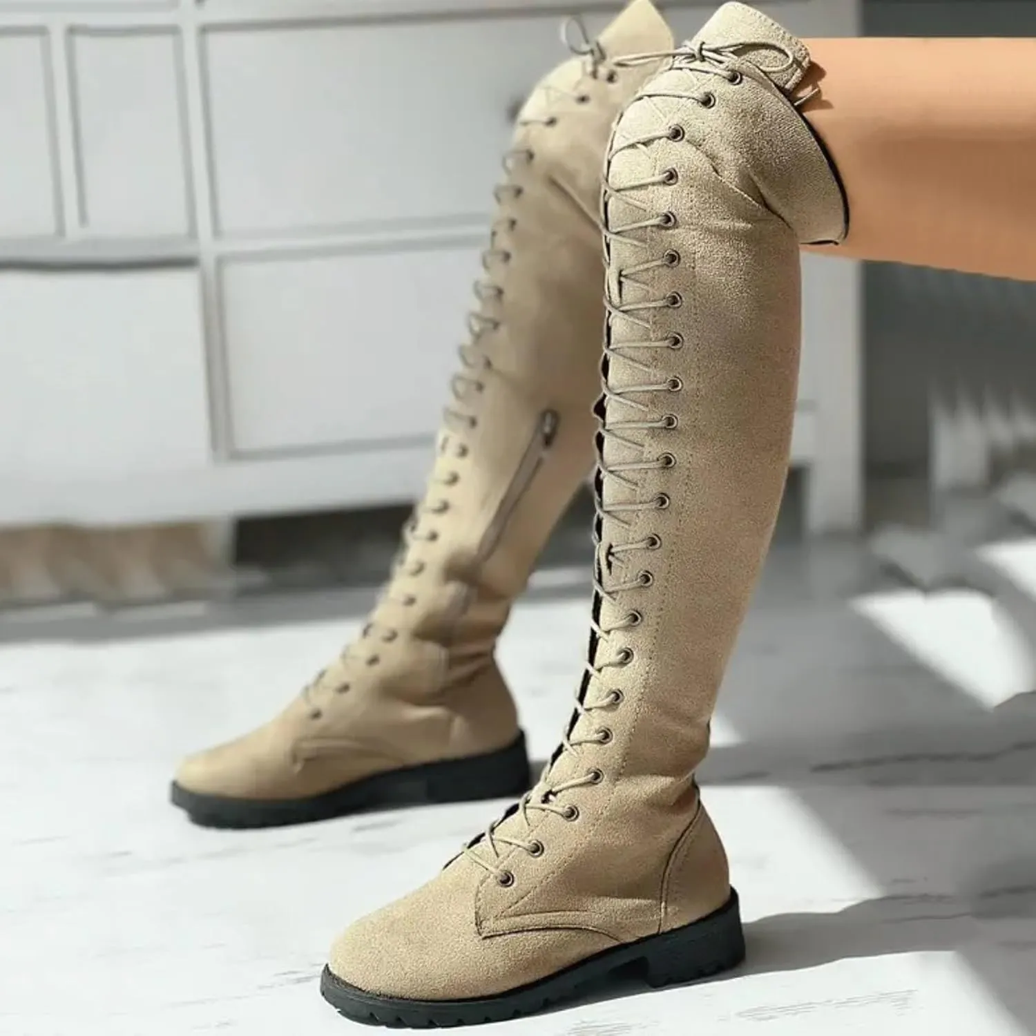 Knee Boots for Women Lace Up Over The Knee Boots Round Toe Low Heel Side Zipper Boots Fashion Thigh High Boots