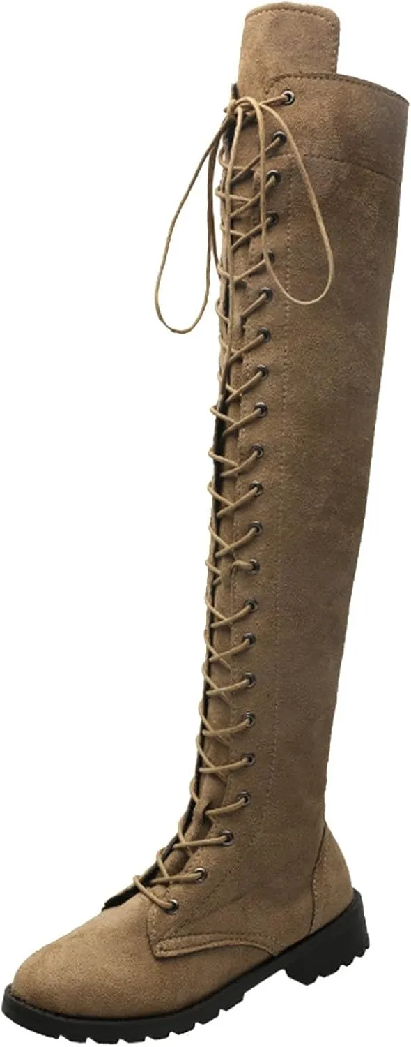 Knee Boots for Women Lace Up Over The Knee Boots Round Toe Low Heel Side Zipper Boots Fashion Thigh High Boots