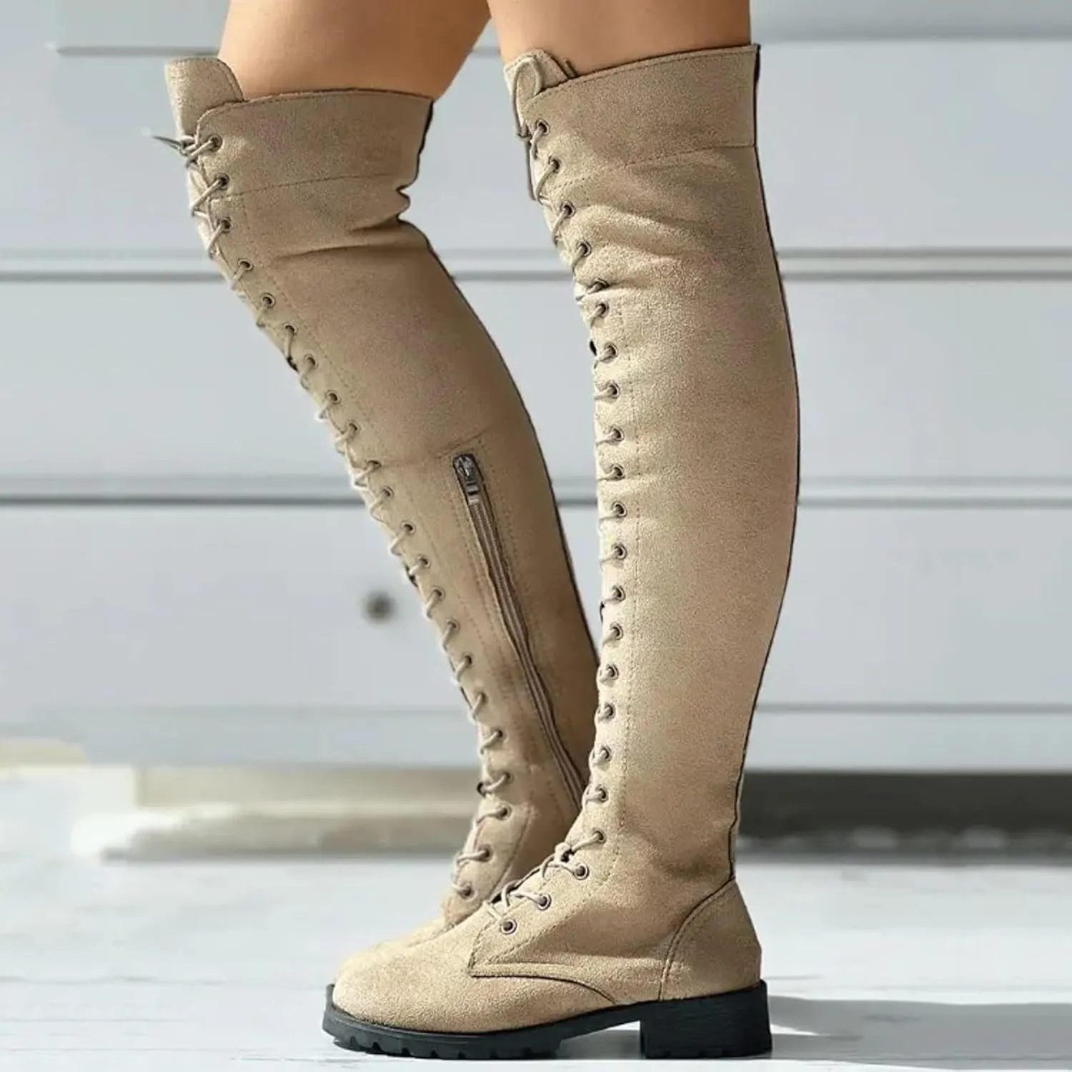 Knee Boots for Women Lace Up Over The Knee Boots Round Toe Low Heel Side Zipper Boots Fashion Thigh High Boots