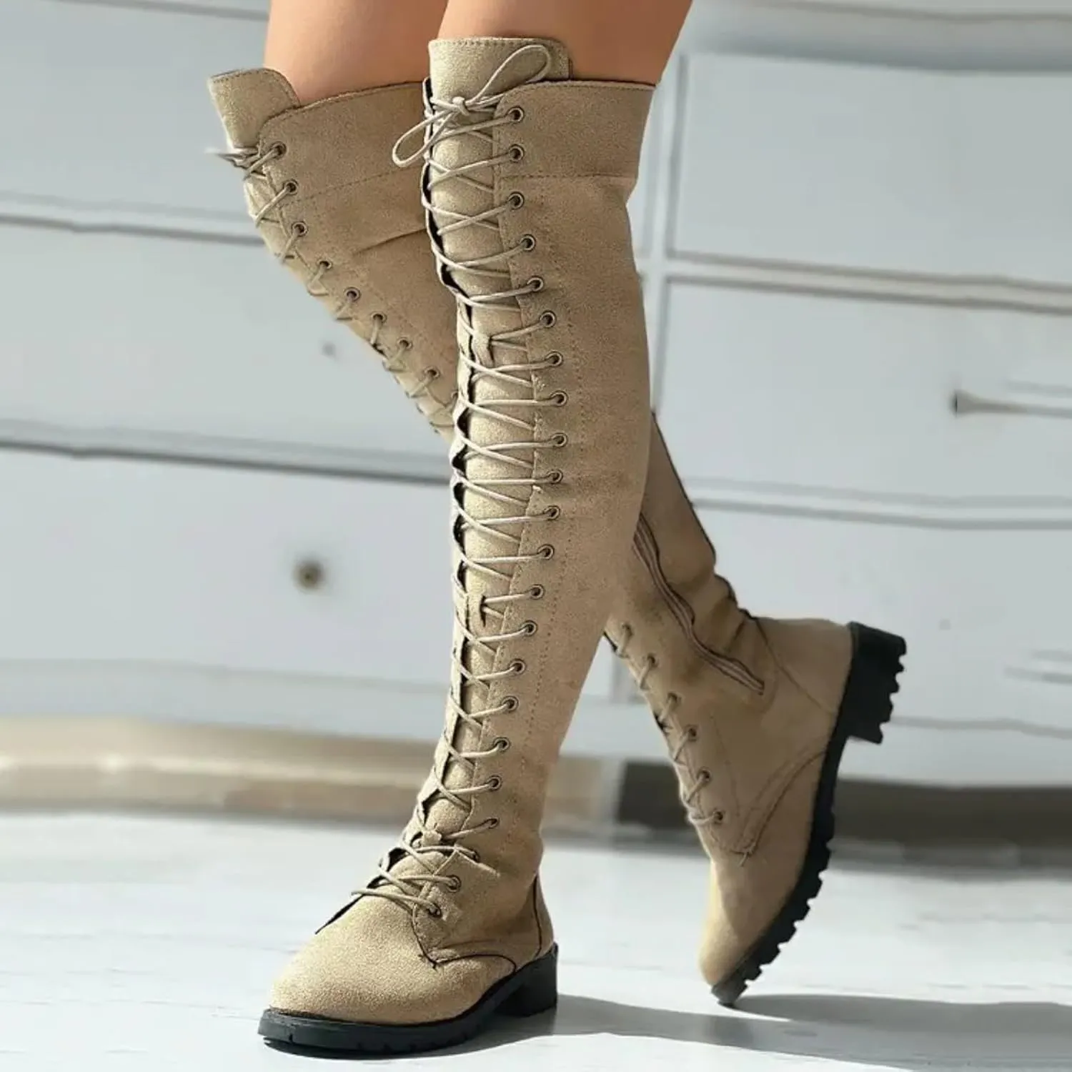 Knee Boots for Women Lace Up Over The Knee Boots Round Toe Low Heel Side Zipper Boots Fashion Thigh High Boots