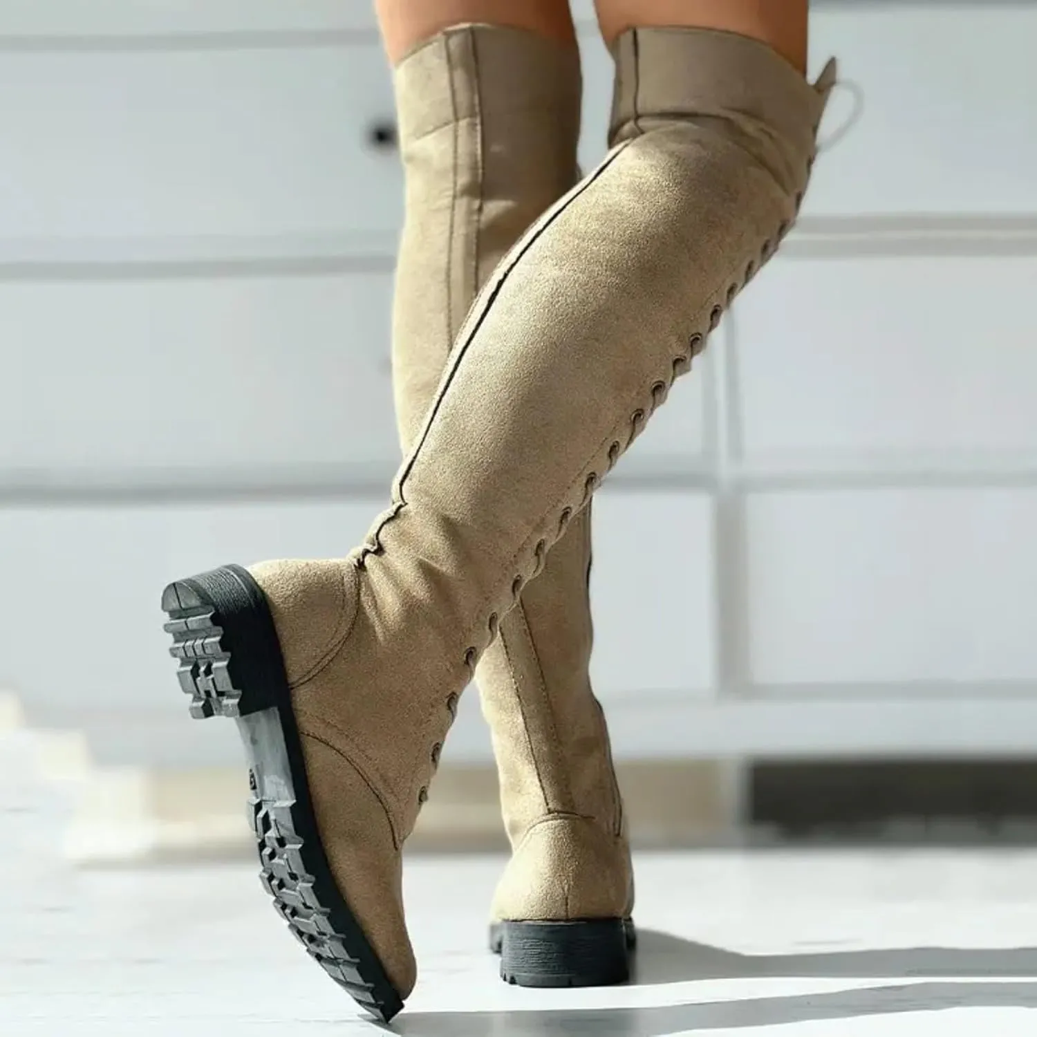 Knee Boots for Women Lace Up Over The Knee Boots Round Toe Low Heel Side Zipper Boots Fashion Thigh High Boots