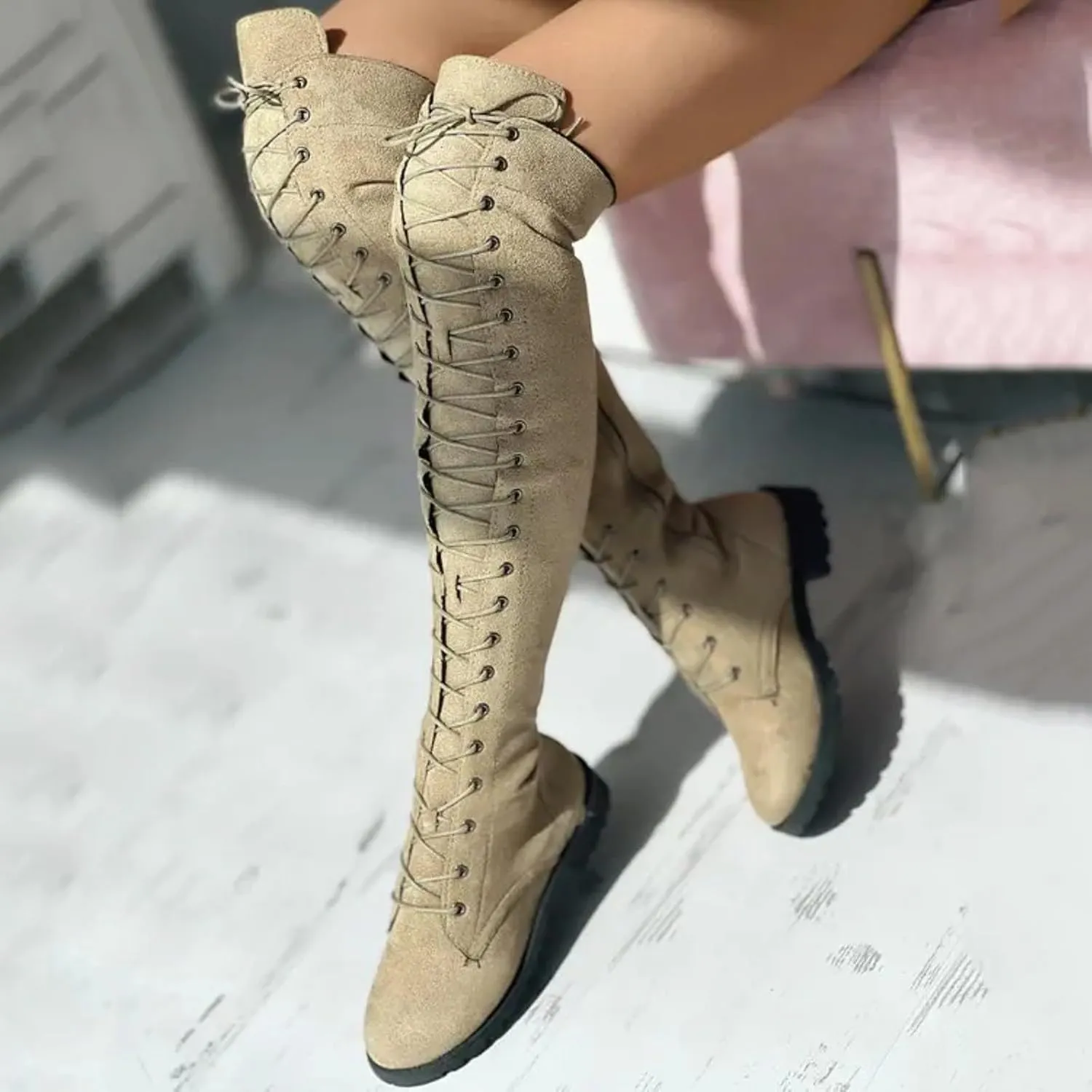 Knee Boots for Women Lace Up Over The Knee Boots Round Toe Low Heel Side Zipper Boots Fashion Thigh High Boots