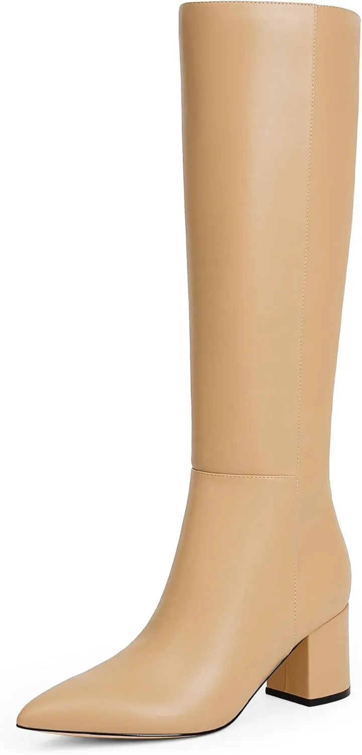Knee High Boots for Women Chunky Heel Pointed Toe Boots Side Zipper Long Boots