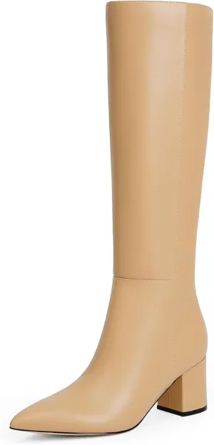 Knee High Boots for Women Chunky Heel Pointed Toe Boots Side Zipper Long Boots