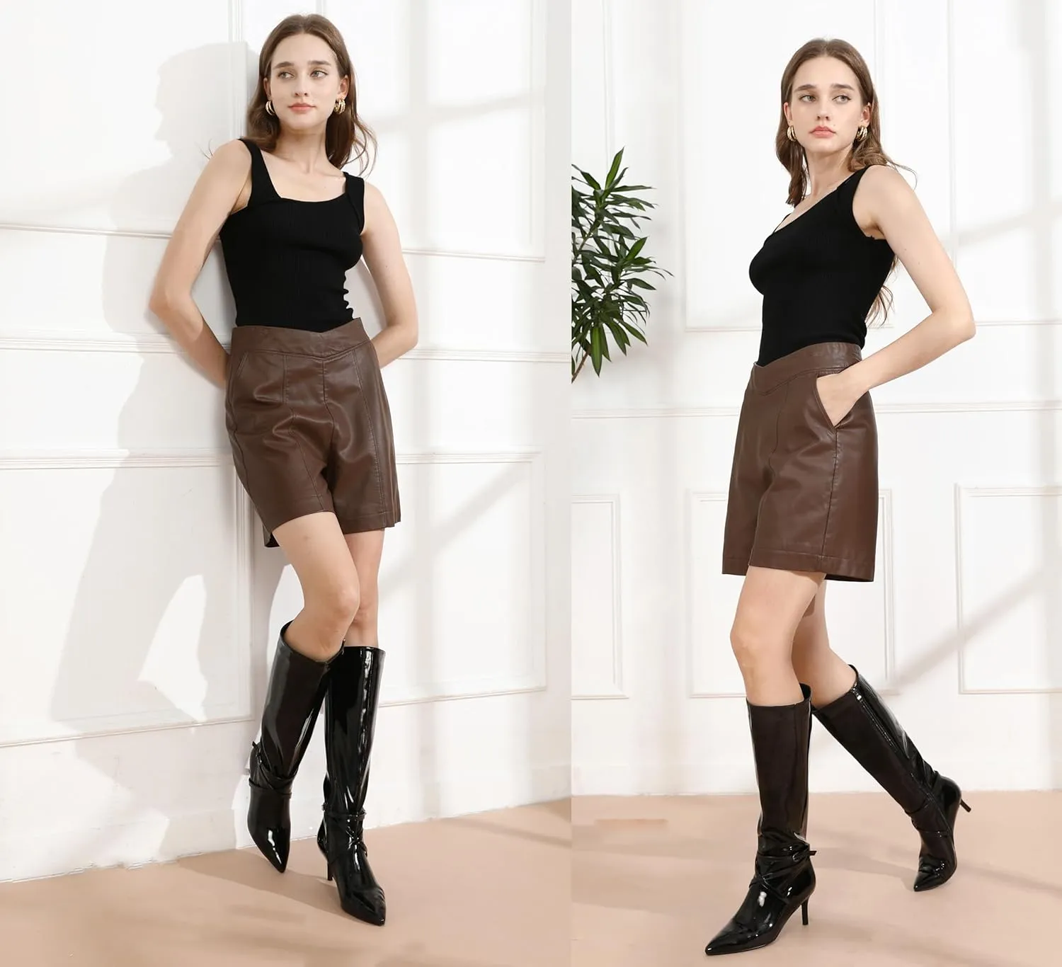 Knee High Boots for Women Strappy legs Stiletto Heel Pointed Toe Side Zipper Soft PU Leather Sexy Dress Long Boots
