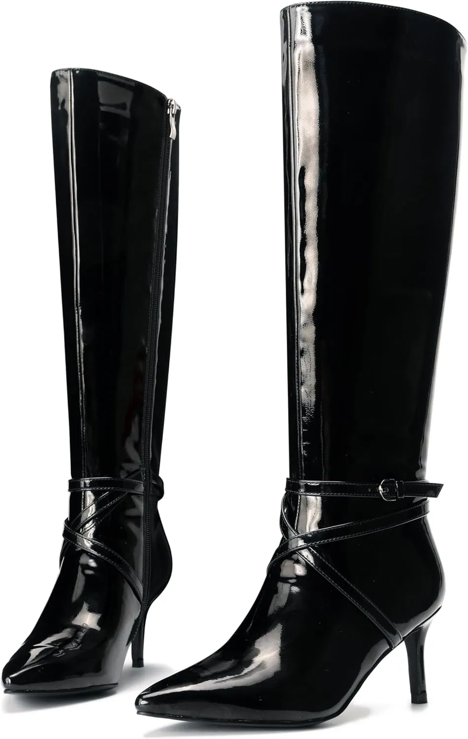 Knee High Boots for Women Strappy legs Stiletto Heel Pointed Toe Side Zipper Soft PU Leather Sexy Dress Long Boots