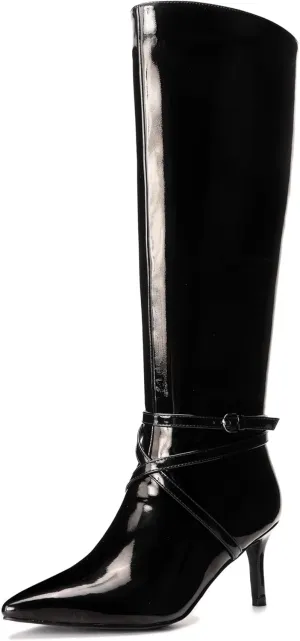 Knee High Boots for Women Strappy legs Stiletto Heel Pointed Toe Side Zipper Soft PU Leather Sexy Dress Long Boots
