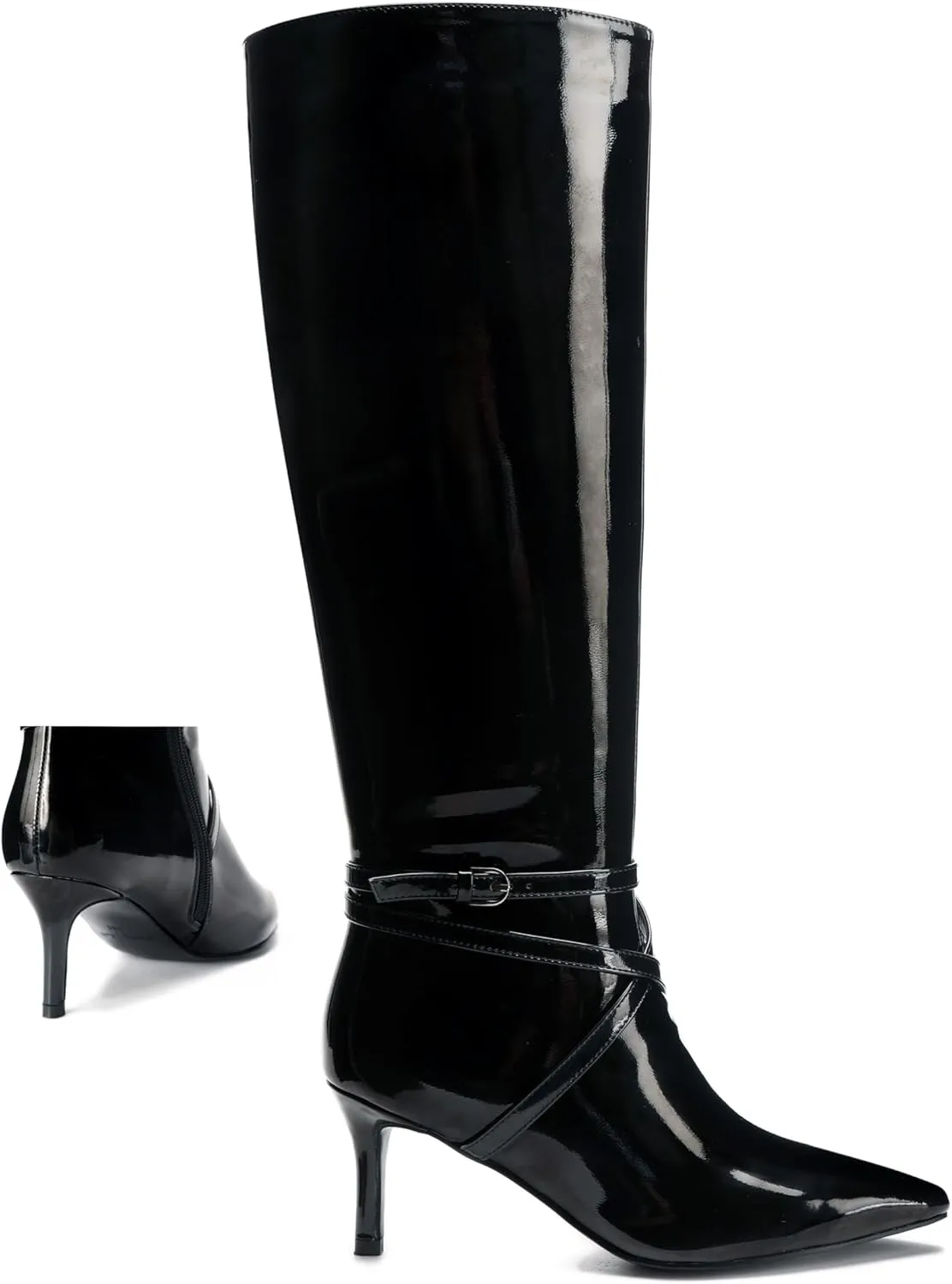Knee High Boots for Women Strappy legs Stiletto Heel Pointed Toe Side Zipper Soft PU Leather Sexy Dress Long Boots
