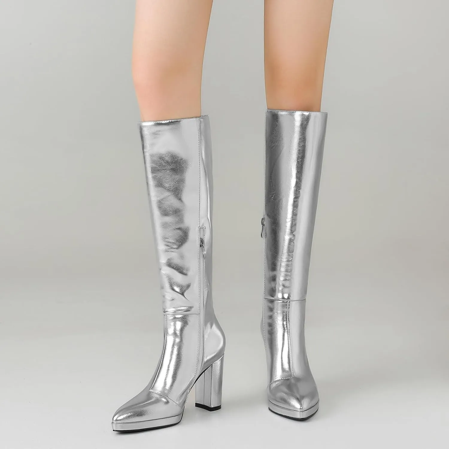 Knee High Boots Women Platform Chunky Go Go Boots Pointed Toe Tall Boots Fashion Long Boots Block High Heels Side Zip
