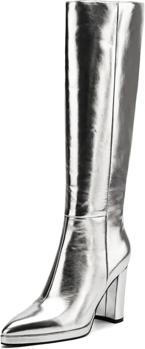 Knee High Boots Women Platform Chunky Go Go Boots Pointed Toe Tall Boots Fashion Long Boots Block High Heels Side Zip