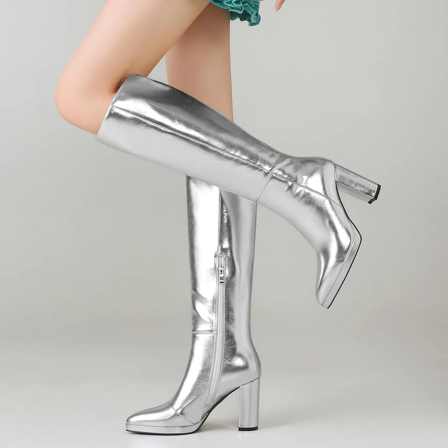 Knee High Boots Women Platform Chunky Go Go Boots Pointed Toe Tall Boots Fashion Long Boots Block High Heels Side Zip