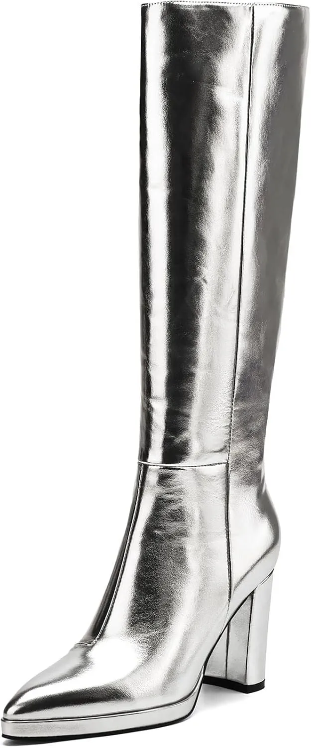 Knee High Boots Women Platform Chunky Go Go Boots Pointed Toe Tall Boots Fashion Long Boots Block High Heels Side Zip
