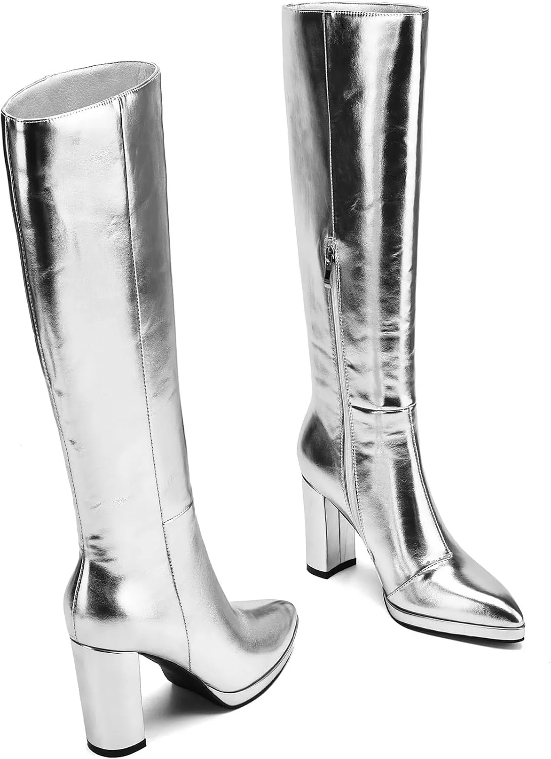 Knee High Boots Women Platform Chunky Go Go Boots Pointed Toe Tall Boots Fashion Long Boots Block High Heels Side Zip